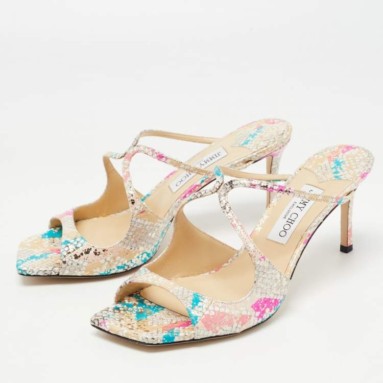 Pre Owned Jimmy Choo Multicolor Snakeskin Embossed Leather Anise Slide Sandal Size 40