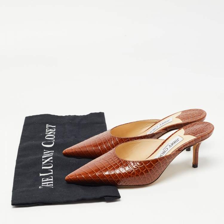Pre Owned Jimmy Choo Brown Croc Embossed Leather Rav Mules Size 36.5  