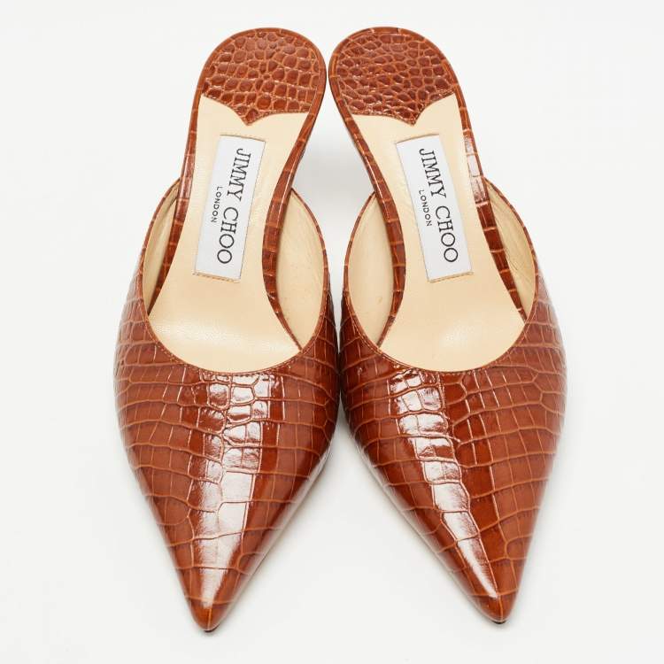 Pre Owned Jimmy Choo Brown Croc Embossed Leather Rav Mules Size 36.5  