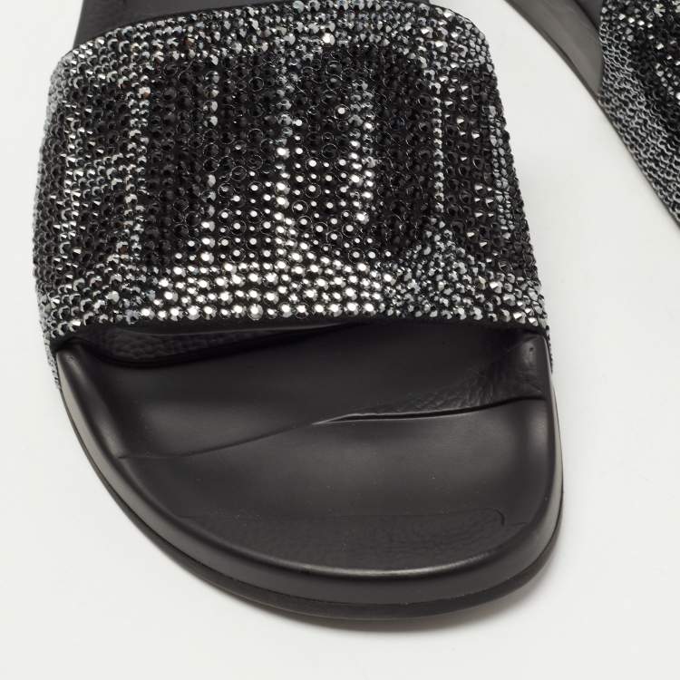 Pre Owned Jimmy Choo Black Crystal Embellished Suede Rey Slides Size 35