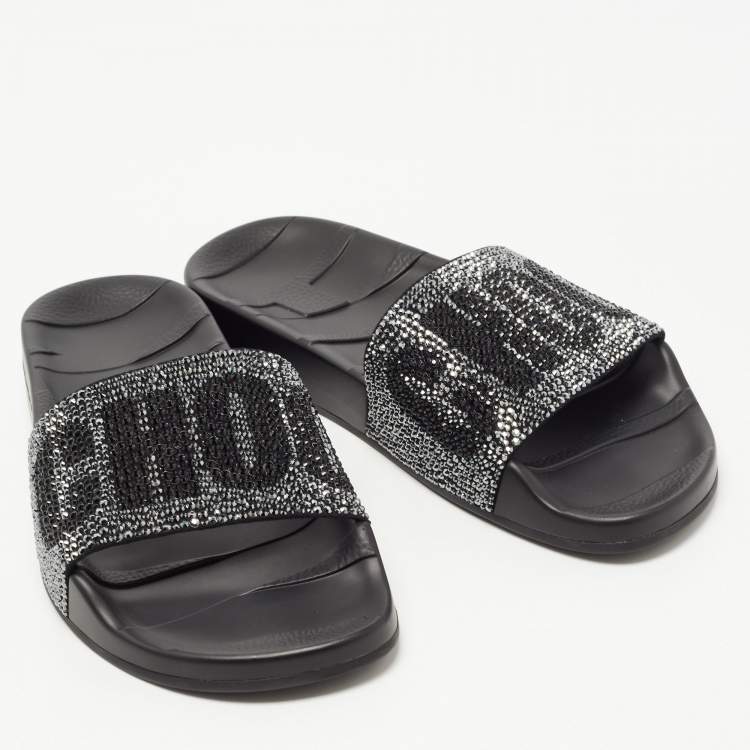 Pre Owned Jimmy Choo Black Crystal Embellished Suede Rey Slides Size 35