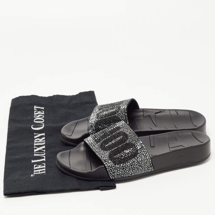 Pre Owned Jimmy Choo Black Crystal Embellished Suede Rey Slides Size 35