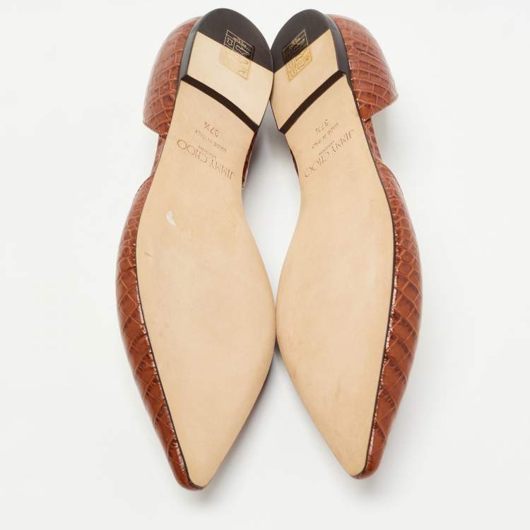 Pre Owned Jimmy Choo Brown Croc Embossed Leather D'orsay Ballet Flats Size 37.5