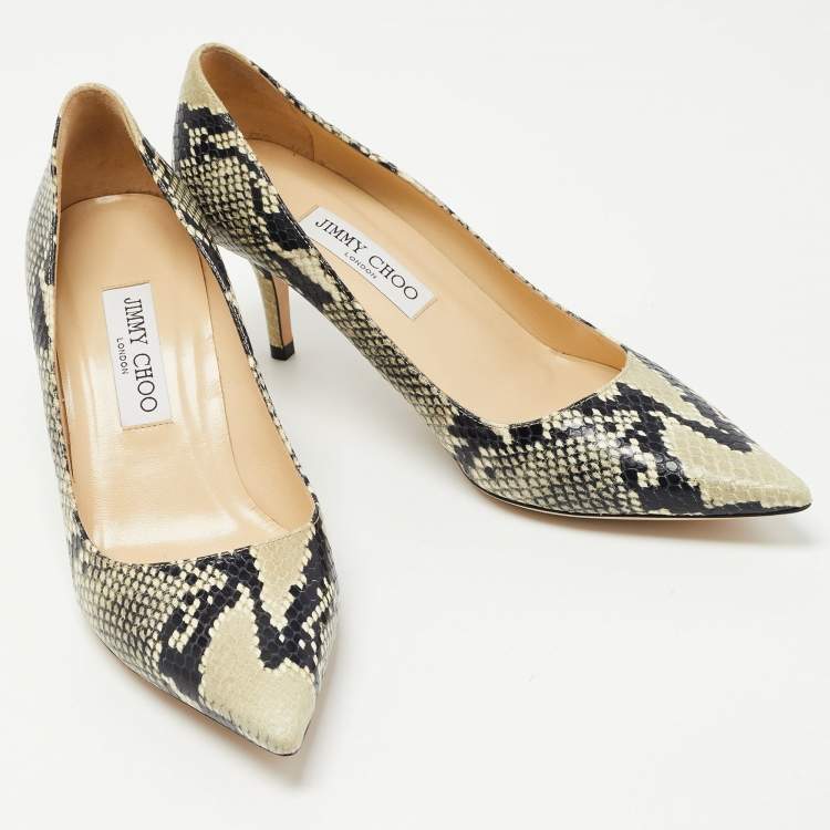 Pre Owned Jimmy Choo Beige/Black Python Embossed Leather Romy  Pumps Size 39.5