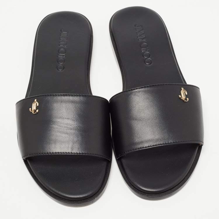 Pre Owned Jimmy Choo Black Leather Minea Flat Slides Size 35.5