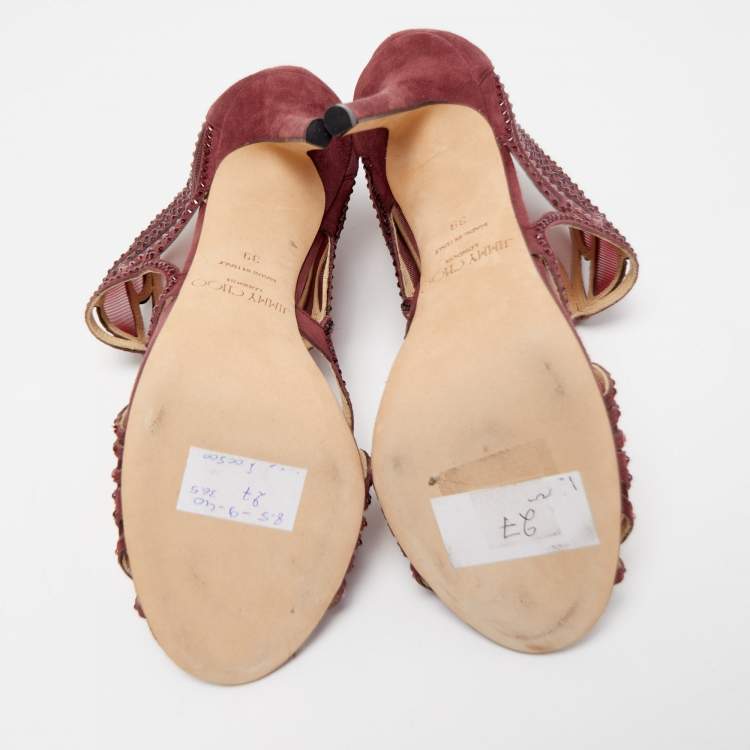 Pre Owned Jimmy Choo Burgundy Suede and Crystal Embellished Mesh Open Toe Sandals Size 39