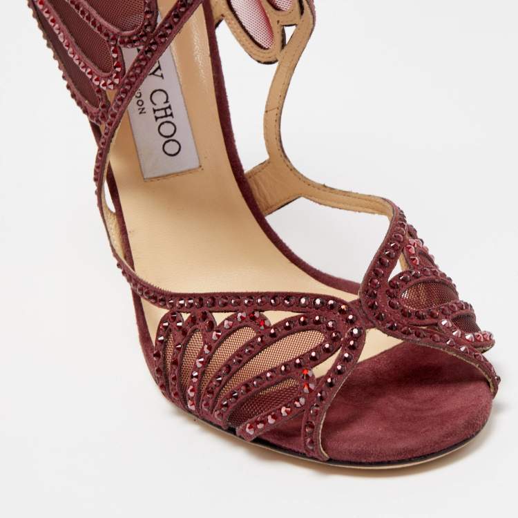 Pre Owned Jimmy Choo Burgundy Suede and Crystal Embellished Mesh Open Toe Sandals Size 39