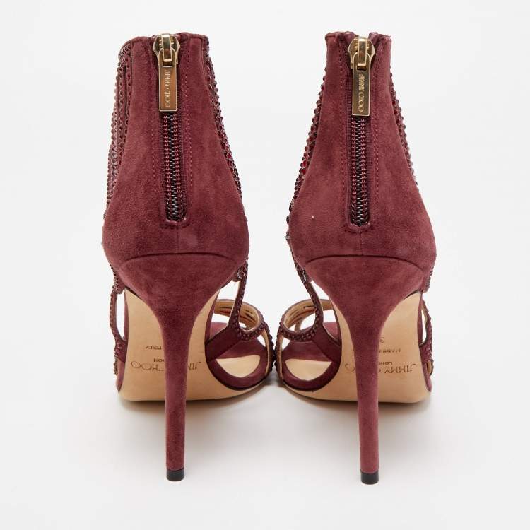Pre Owned Jimmy Choo Burgundy Suede and Crystal Embellished Mesh Open Toe Sandals Size 39