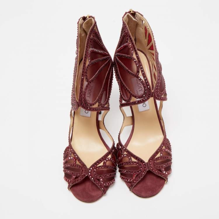 Pre Owned Jimmy Choo Burgundy Suede and Crystal Embellished Mesh Open Toe Sandals Size 39