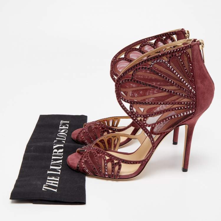 Pre Owned Jimmy Choo Burgundy Suede and Crystal Embellished Mesh Open Toe Sandals Size 39