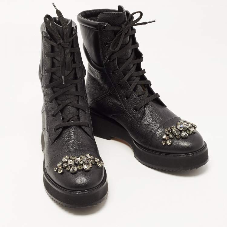 Pre Owned Jimmy Choo Black Leather Crystal Embellished Hadley Ankle Boots Size 38.5 