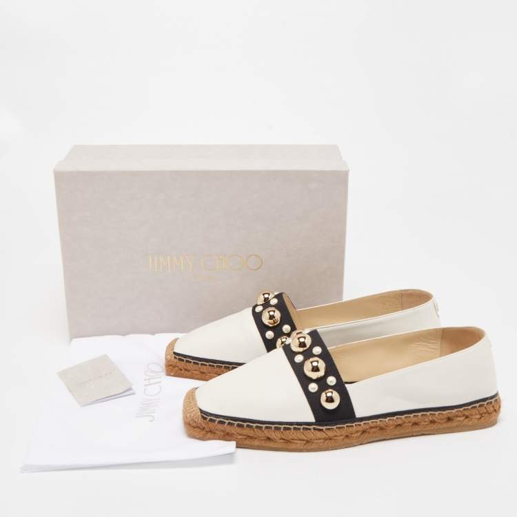 Pre Owned Jimmy Choo White Leather Studded Embellished Espadrille Flats Size 41