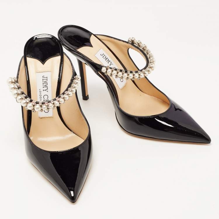 Pre Owned Jimmy Choo Black Patent Leather Crystal Embellished Bing Mules Size 36