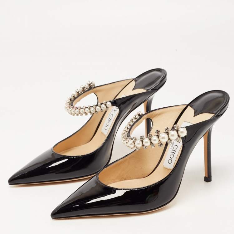 Pre Owned Jimmy Choo Black Patent Leather Crystal Embellished Bing Mules Size 36