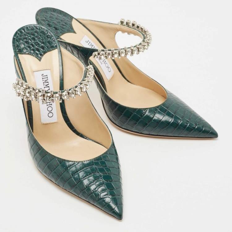Pre Owned Jimmy Choo Dark Green Croc Embossed Leather Bing Mules Size 36