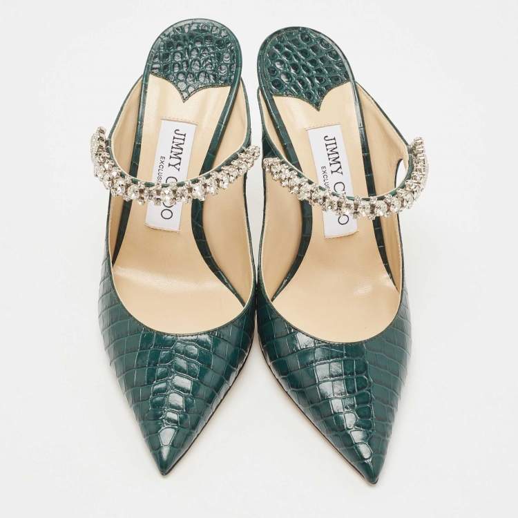 Pre Owned Jimmy Choo Dark Green Croc Embossed Leather Bing Mules Size 36