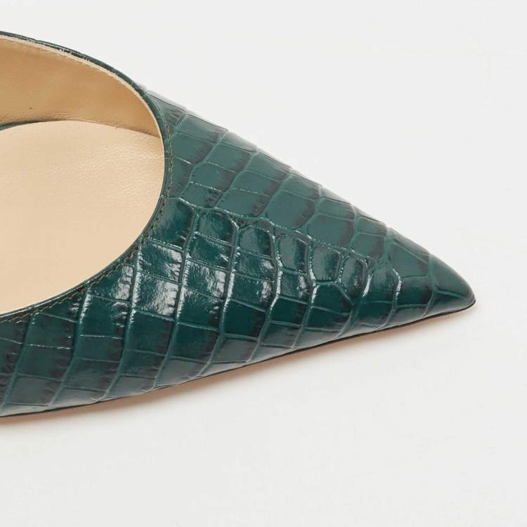 Pre Owned Jimmy Choo Dark Green Croc Embossed Leather Bing Mules Size 36