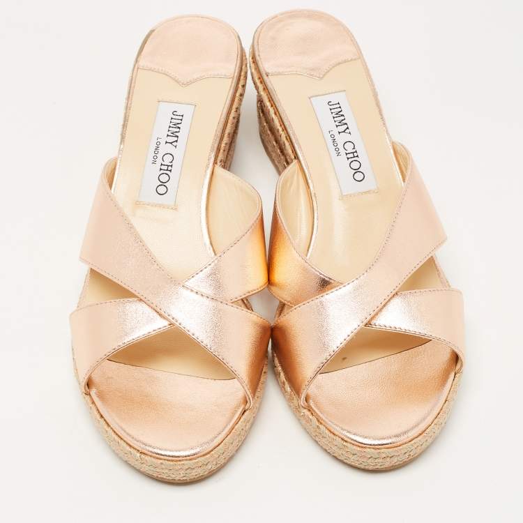 Pre Owned Jimmy Choo Metallic Pink Leather Prima Wedge Sandals Size 39.5