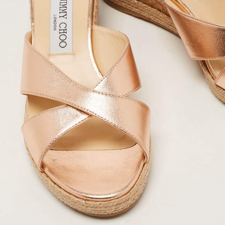 Pre Owned Jimmy Choo Metallic Pink Leather Prima Wedge Sandals Size 39.5