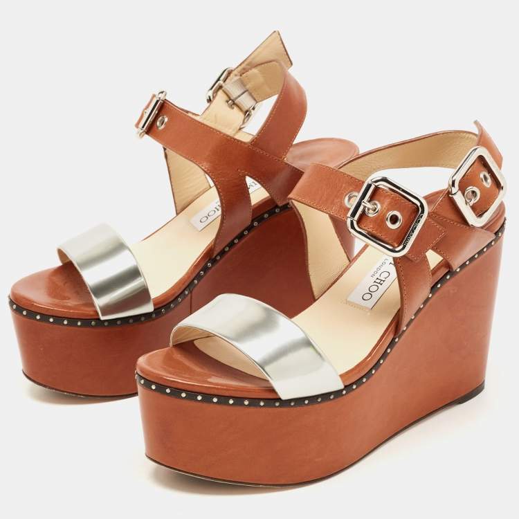 Pre Owned Jimmy Choo Brown/Silver Leather Studded Alton Sandals Size 39
