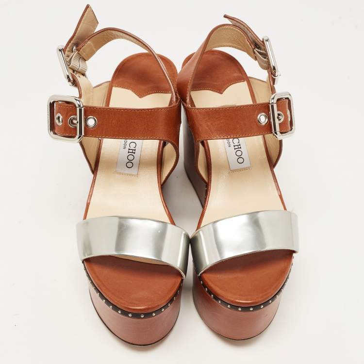 Pre Owned Jimmy Choo Brown/Silver Leather Studded Alton Sandals Size 39