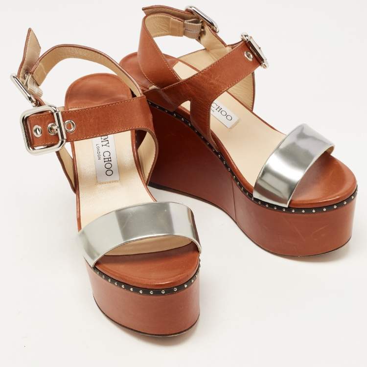 Pre Owned Jimmy Choo Brown/Silver Leather Studded Alton Sandals Size 39