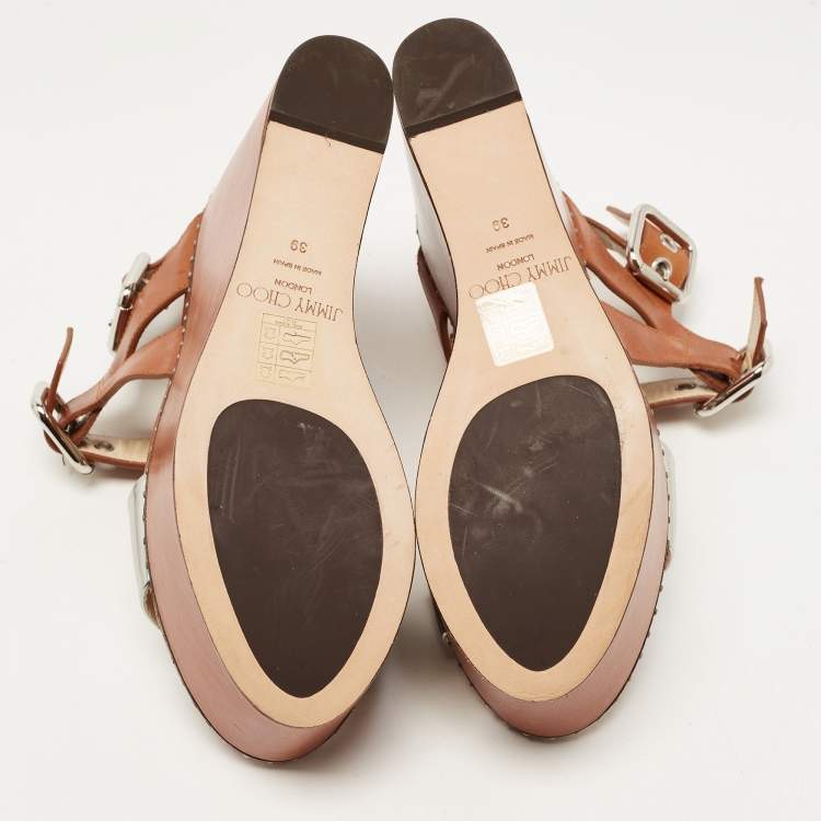 Pre Owned Jimmy Choo Brown/Silver Leather Studded Alton Sandals Size 39