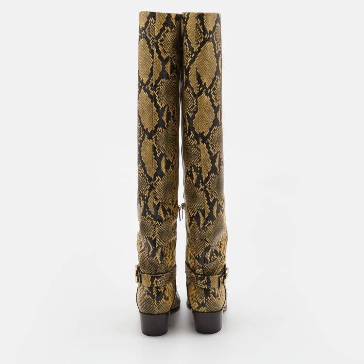 Pre Owned Jimmy Choo Beige/Black Python Embossed Leather Knee Length Boots Size 39