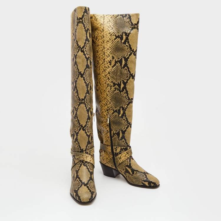 Pre Owned Jimmy Choo Beige/Black Python Embossed Leather Knee Length Boots Size 39