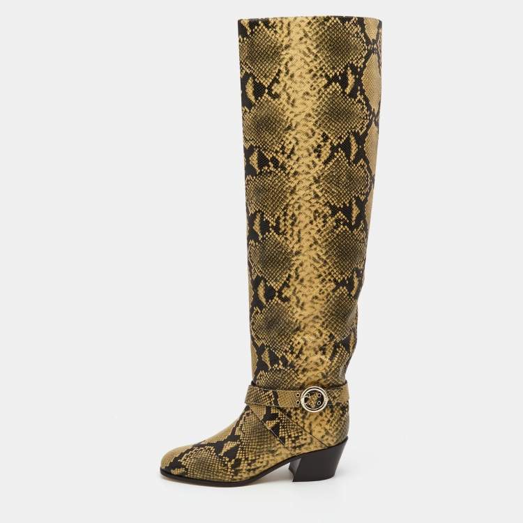 Pre Owned Jimmy Choo Beige/Black Python Embossed Leather Knee Length Boots Size 39