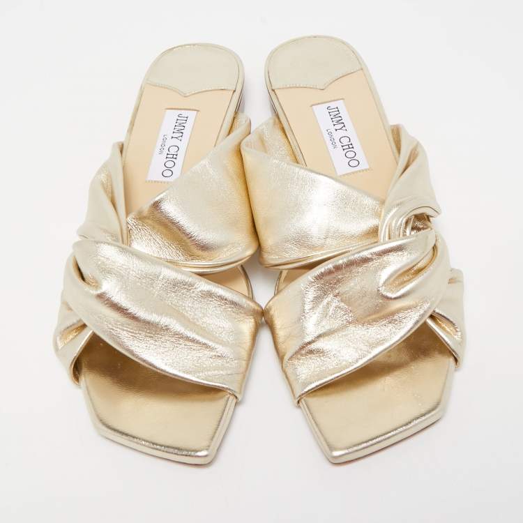 Pre Owned Jimmy Choo Gold Leather Narisa Flat Slides Size 41