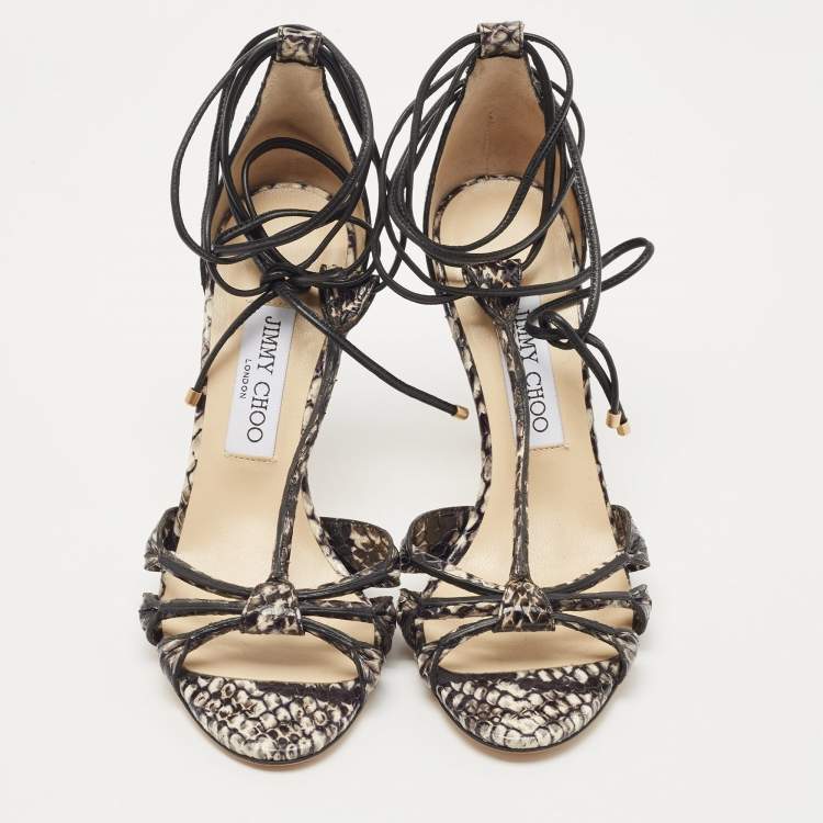 Pre Owned Jimmy Choo Two Tone Python Motive Ankle Tie Sandals Size 37.5