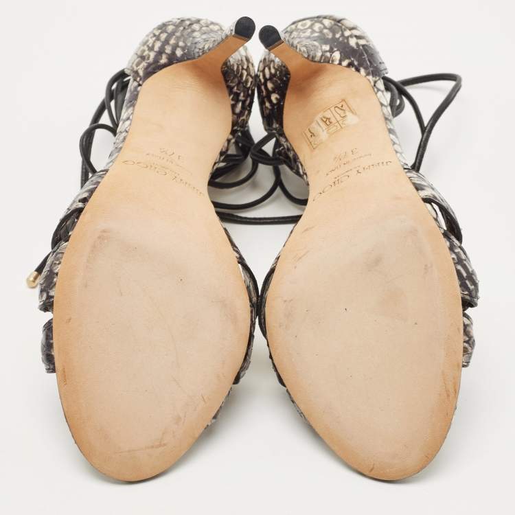 Pre Owned Jimmy Choo Two Tone Python Motive Ankle Tie Sandals Size 37.5
