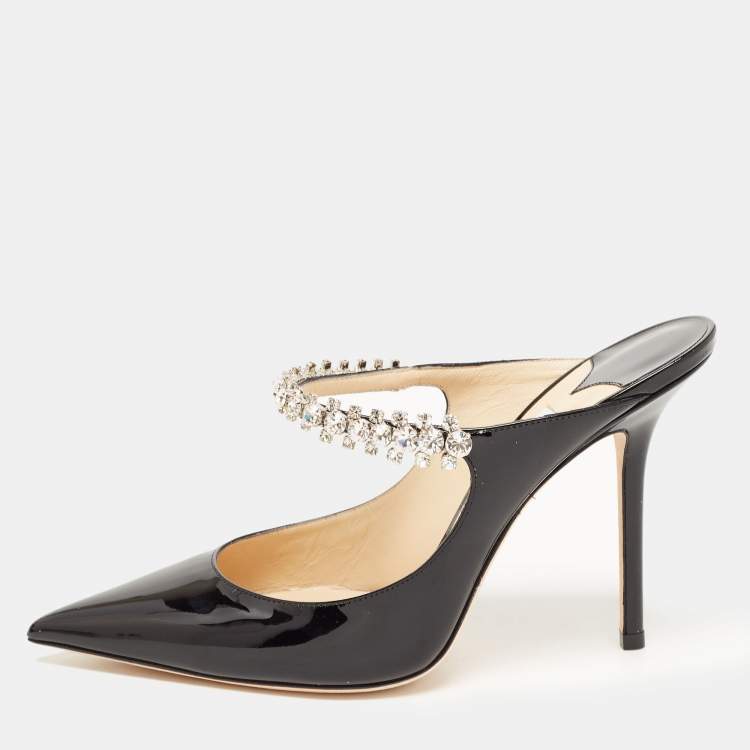 Pre Owned Jimmy Choo Black Patent Leather Crystal Embellished  Bing Mules Size 39