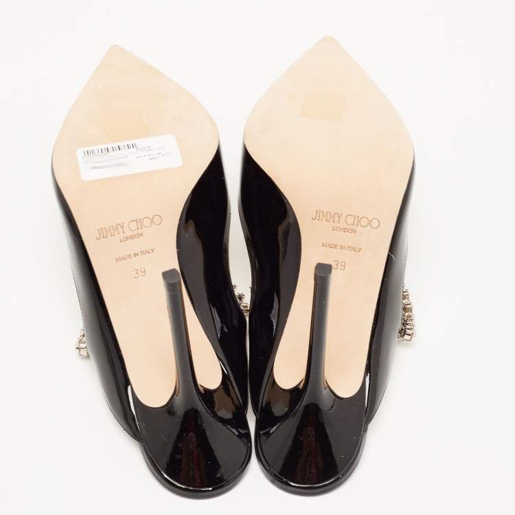 Pre Owned Jimmy Choo Black Patent Leather Crystal Embellished  Bing Mules Size 39