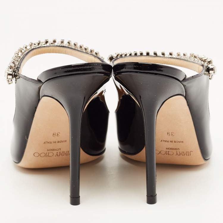 Pre Owned Jimmy Choo Black Patent Leather Crystal Embellished Bing Mules Size 39
