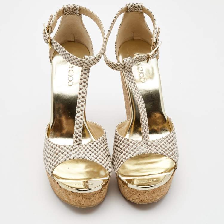 Pre Owned Jimmy Choo Cream/Beige Python Embossed Leather Wedge Sandals Size 37.5