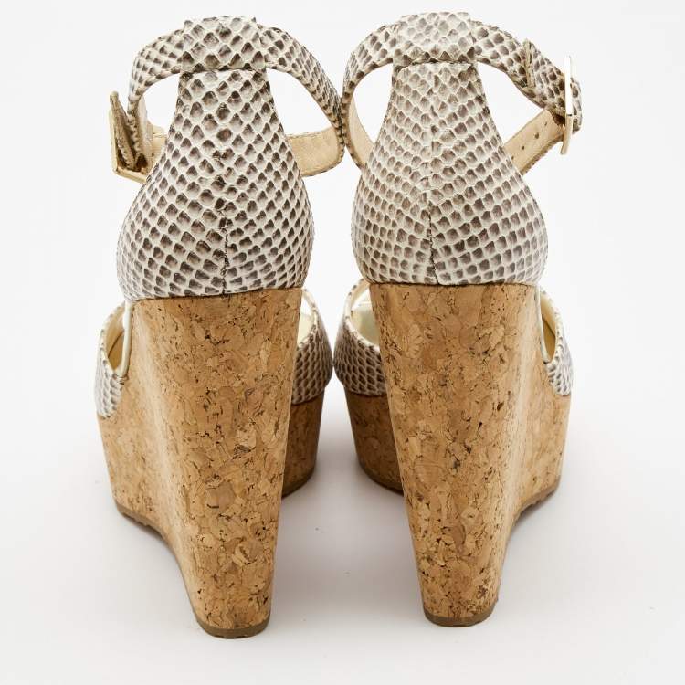 Pre Owned Jimmy Choo Cream/Beige Python Embossed Leather Wedge Sandals Size 37.5