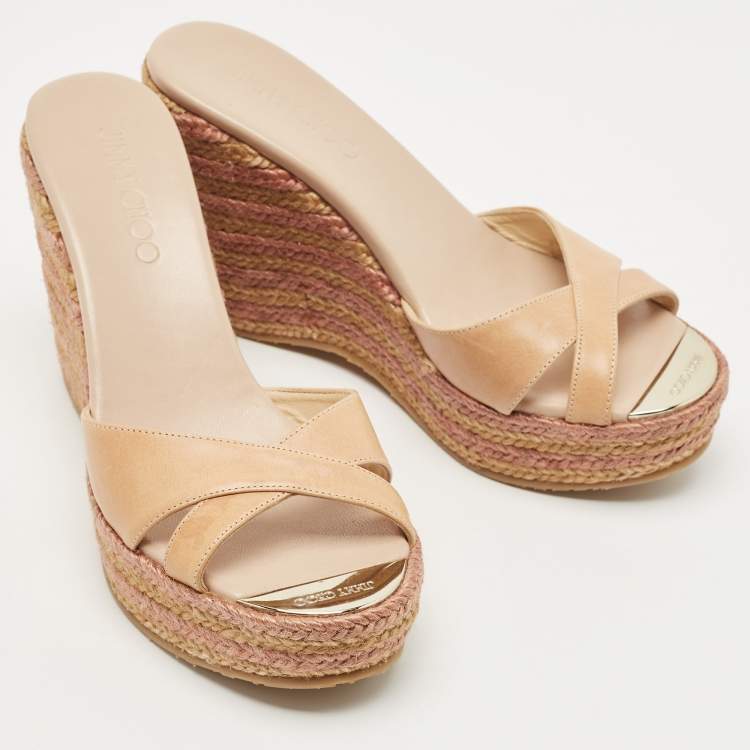 Pre Owned Jimmy Choo Beige Leather Prima Espadrille Wedge Sandals Size 37