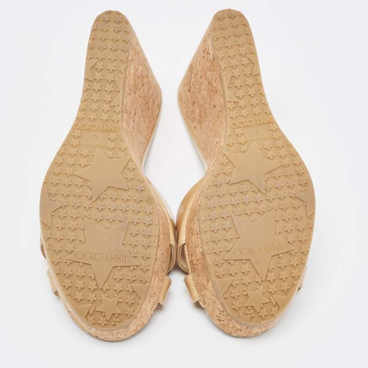 Pre Owned Jimmy Choo Beige Patent Leather Prima Cork Wedge Sandals Size 38