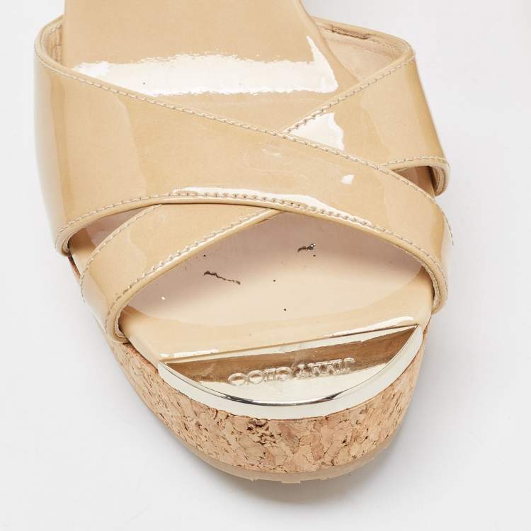 Pre Owned Jimmy Choo Beige Patent Leather Prima Cork Wedge Sandals Size 38