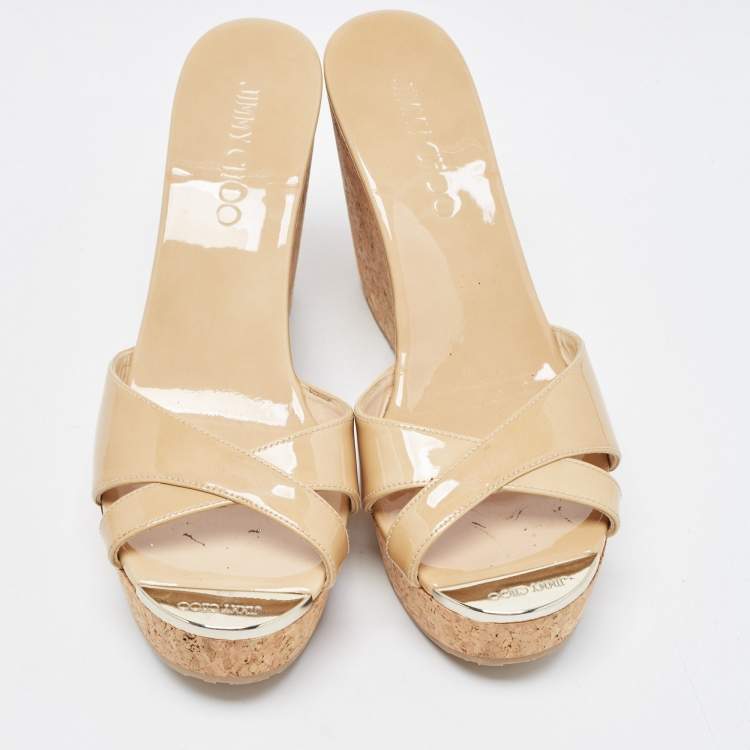 Pre Owned Jimmy Choo Beige Patent Leather Prima Cork Wedge Sandals Size 38
