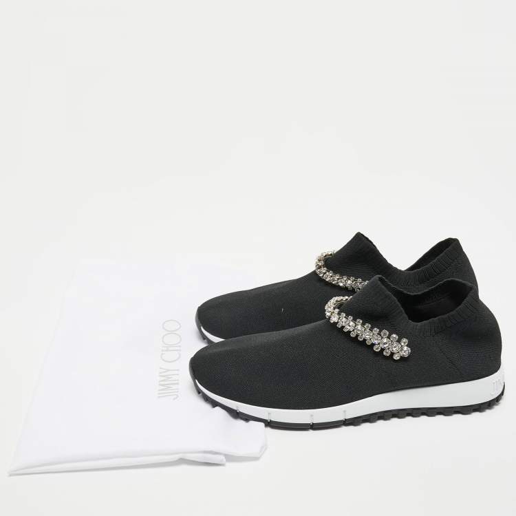 Pre Owned Jimmy Choo Black Knit Fabric Crystal Embellished Low Top Sneakers Size 38