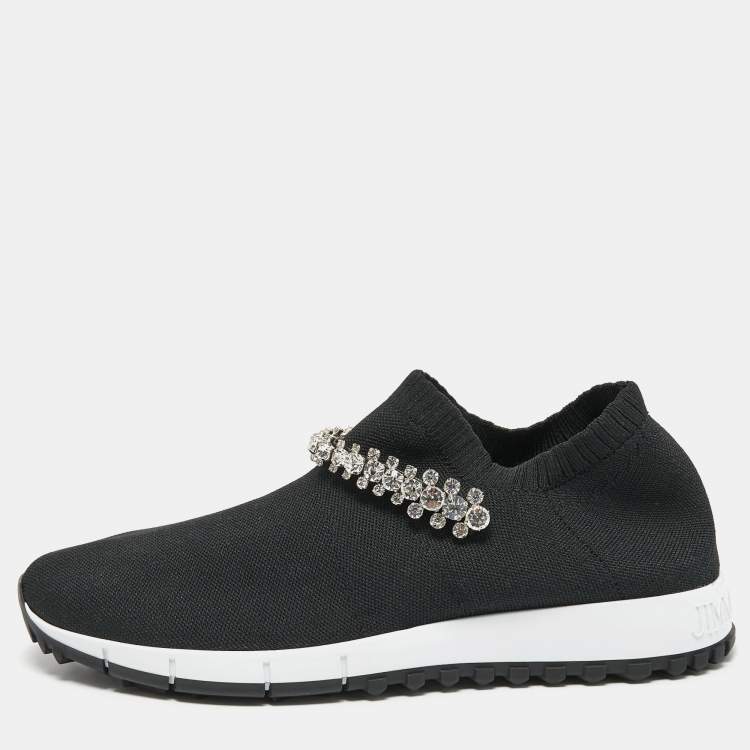 Pre Owned Jimmy Choo Black Knit Fabric Crystal Embellished Low Top Sneakers Size 38