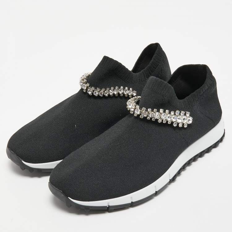 Pre Owned Jimmy Choo Black Knit Fabric Crystal Embellished Low Top Sneakers Size 38