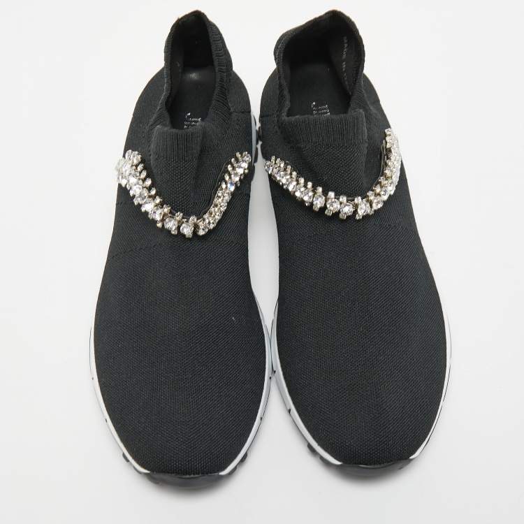 Pre Owned Jimmy Choo Black Knit Fabric Crystal Embellished Low Top Sneakers Size 38