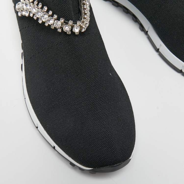 Pre Owned Jimmy Choo Black Knit Fabric Crystal Embellished Low Top Sneakers Size 38