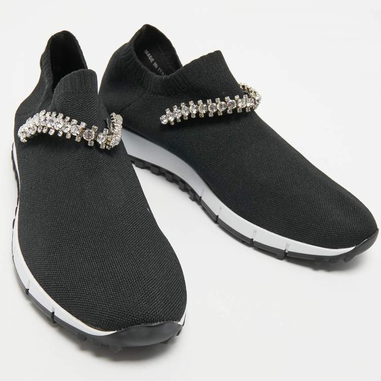 Pre Owned Jimmy Choo Black Knit Fabric Crystal Embellished Low Top Sneakers Size 38