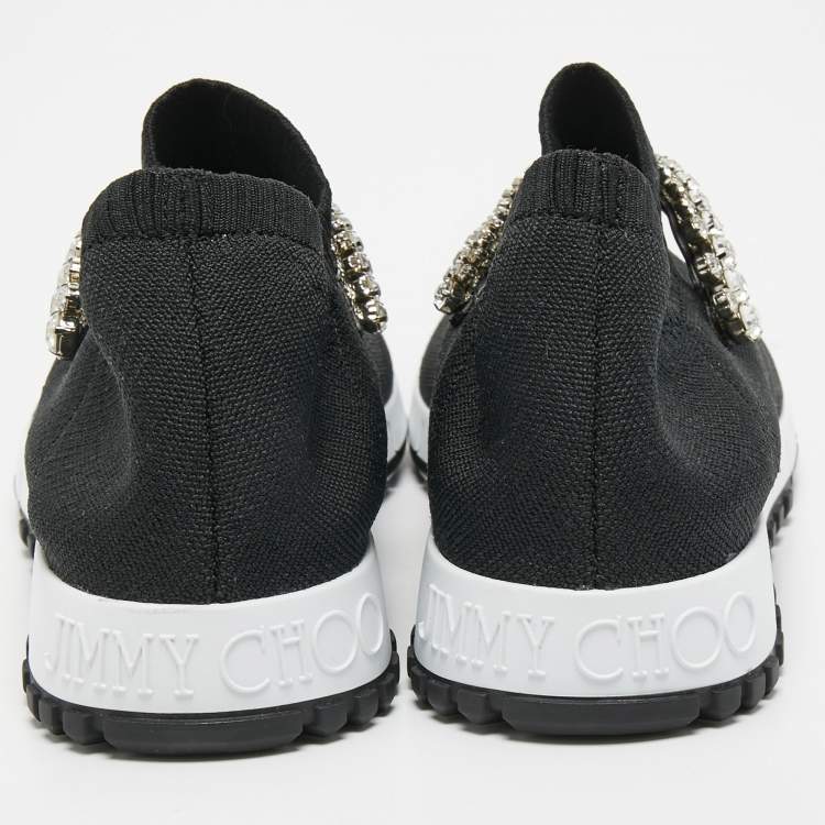 Pre Owned Jimmy Choo Black Knit Fabric Crystal Embellished Low Top Sneakers Size 38