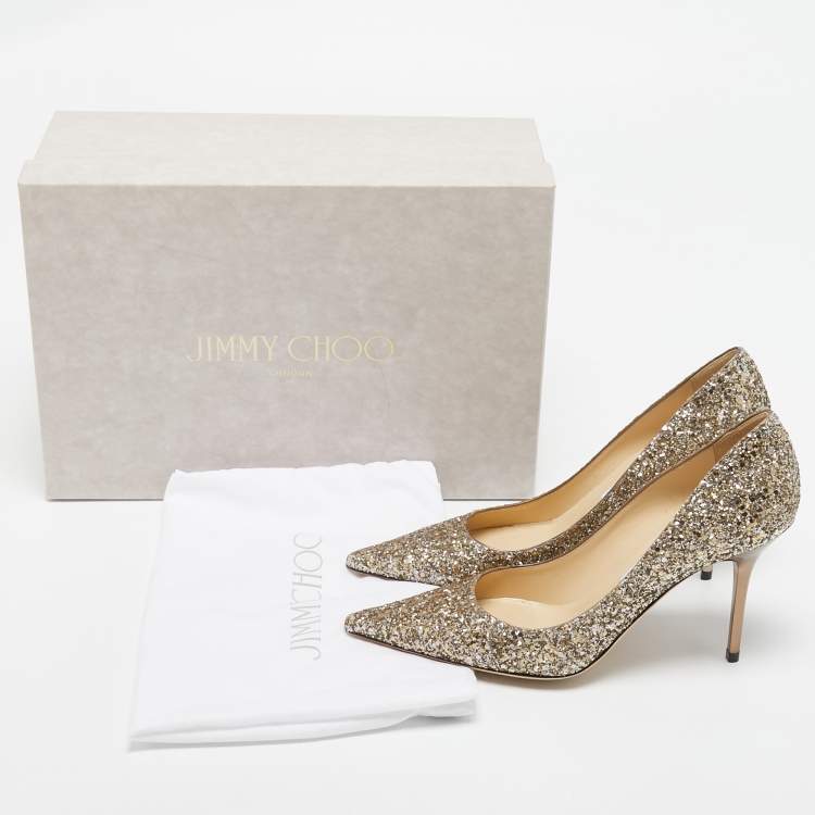 Pre Owned Jimmy Choo Gold Coarse Glitter Romy Pointed Toe Pumps Size 37